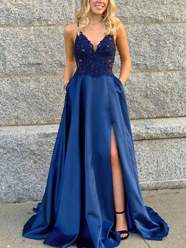 Look Stunning in V-neck Satin Beading Prom Dresses with Princess Sweep Train