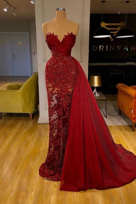 luxury Burgundy Mermaid Sweetheart Lace Long Detachable Prom Dresses