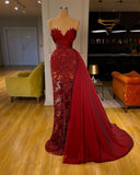 luxury Burgundy Mermaid Sweetheart Lace Long Detachable Prom Dresses