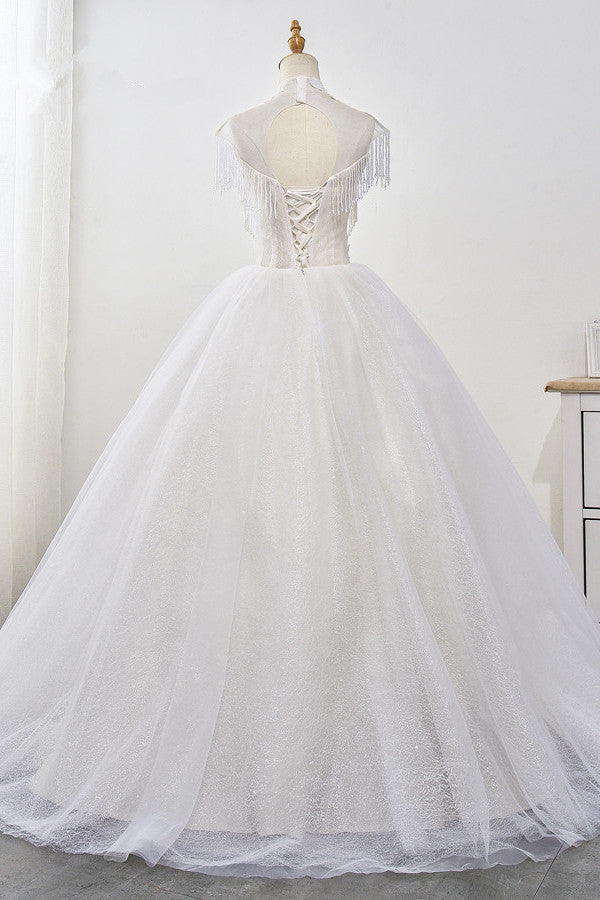 Luxury Ball Gown High-Neck Tulle Wedding Dress Sparkly Sequins Sleeveless Appliques Bridal Gowns with Tassels-27dress