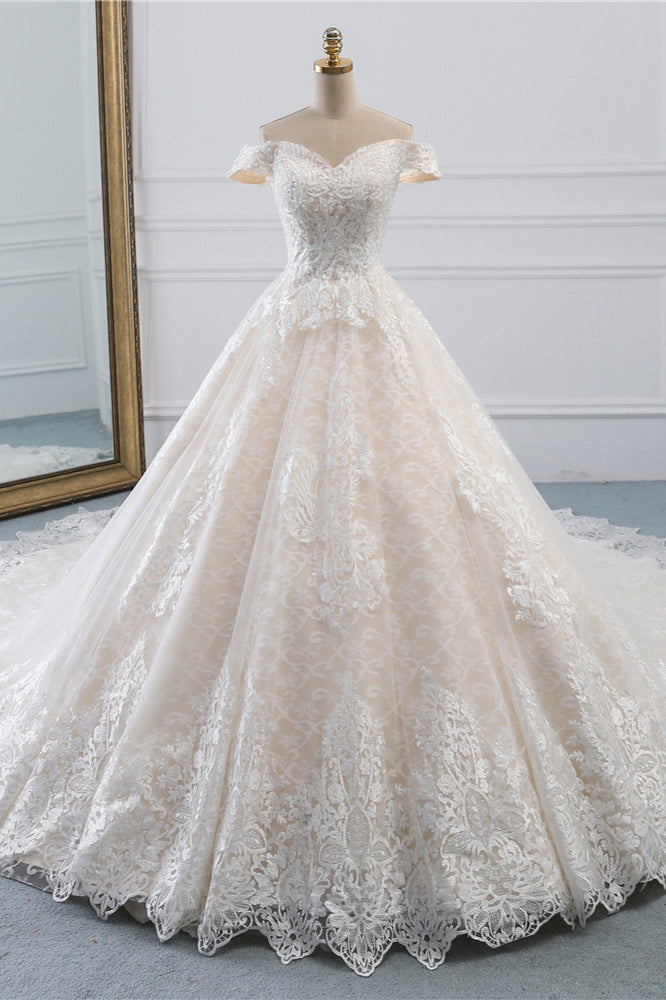 Luxury Ball Gown Off-the-Shoulder Lace Wedding Dress Sweetheart Sleeveless Appliques Bridal Gowns On Sale-27dress