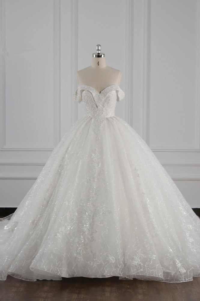 Luxury Ball Gown Off-the-Shoulder Tulle Lace Wedding Dress Appliques Sleeveless Bridal Gowns On Sale-27dress
