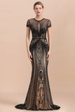 Luxury Black Long Mermaid Beaded Prom Dresses with Sleeves-27dress