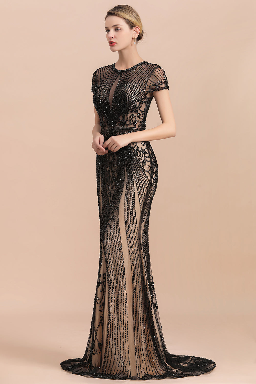 Luxury Black Long Mermaid Beaded Prom Dresses with Sleeves-27dress