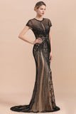 Luxury Black Long Mermaid Beaded Prom Dresses with Sleeves-27dress