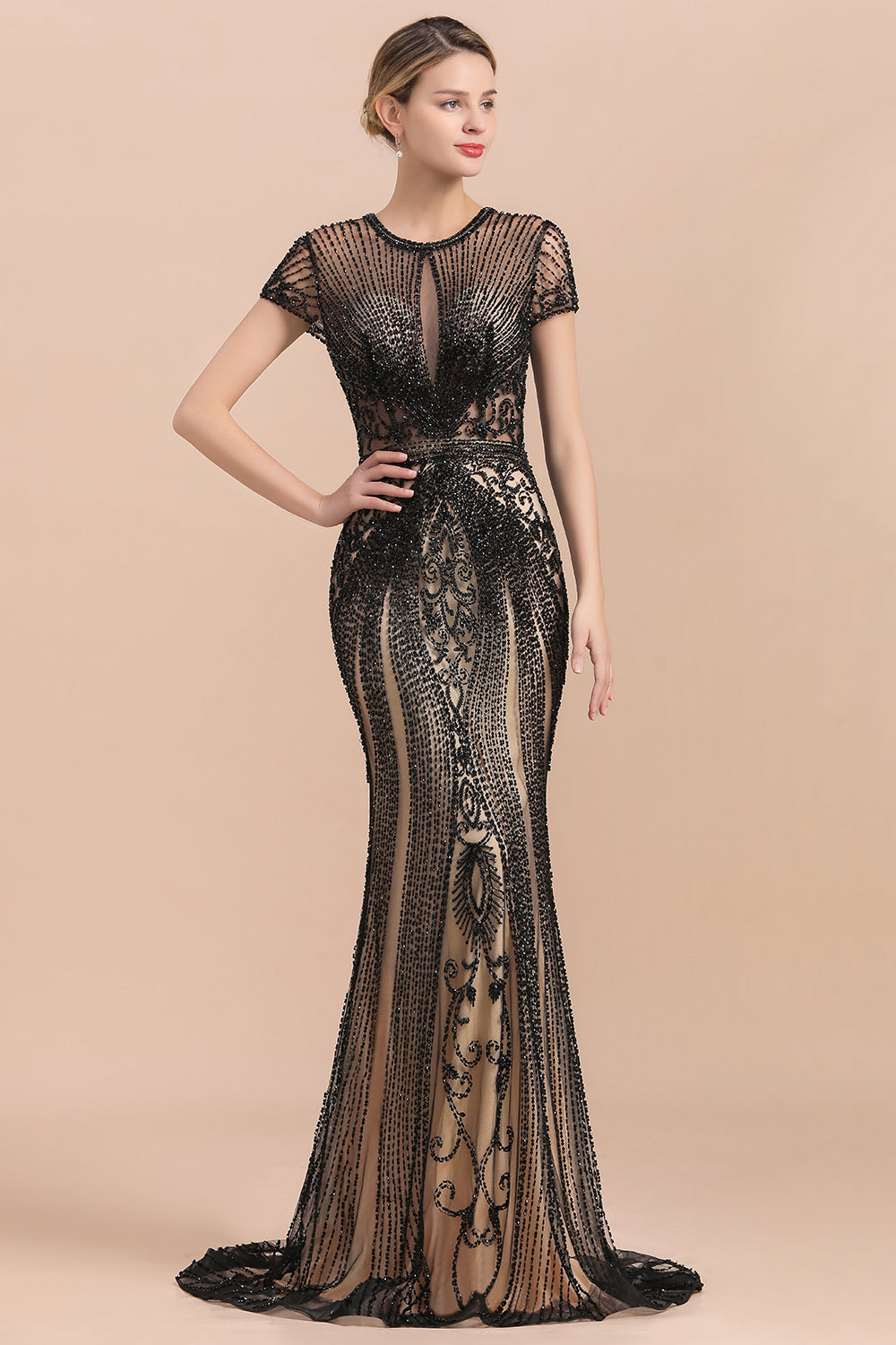 Luxury Black Long Mermaid Beaded Prom Dresses with Sleeves-27dress