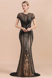 Luxury Black Long Mermaid Beaded Prom Dresses with Sleeves-27dress