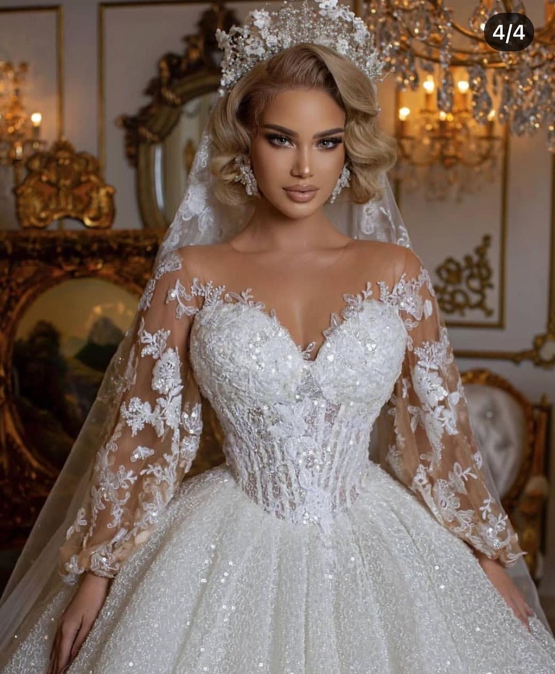 Luxury Long Ball Gown Glitter Wedding Dress with Puffy Sleeves-27Dress