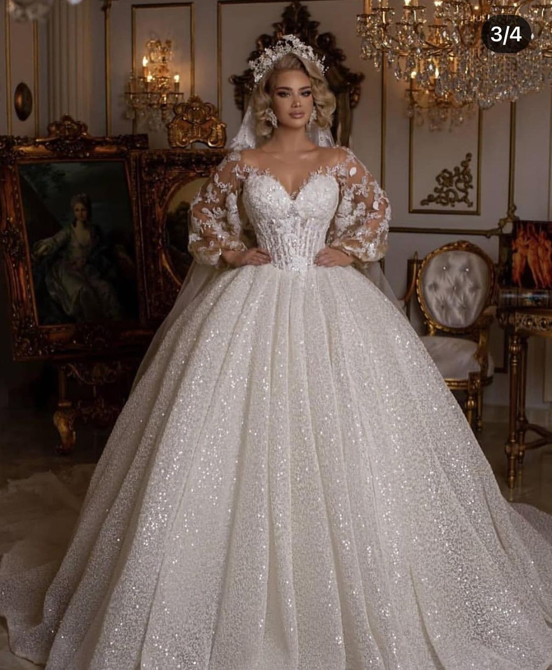 Luxury Long Ball Gown Glitter Wedding Dress with Puffy Sleeves-27Dress