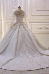 Luxury Satin Tulle Ruffle Wedding Dress Long Sleeves Appliques Beadings Bridal Gowns On sale-27dress