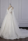 Luxury V-Neck Beadings Wedding Dress Tulle Sleeveless Sequined Bridal Gowns On Sale-27dress