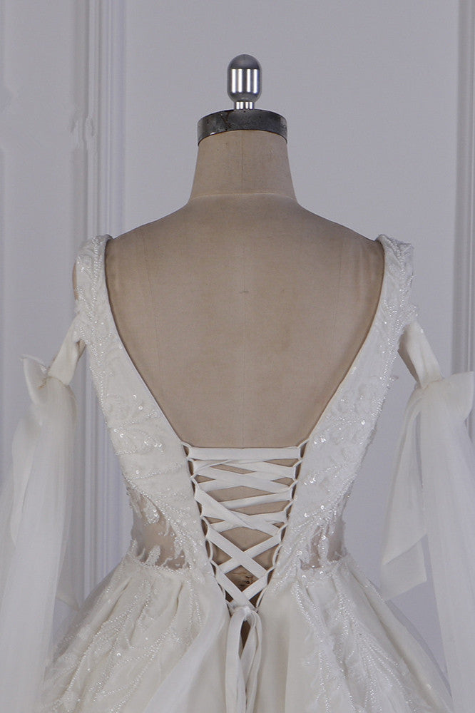 Luxury V-Neck Beadings Wedding Dress Tulle Sleeveless Sequined Bridal Gowns On Sale-27dress