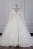 Luxury V-Neck Beadings Wedding Dress Tulle Sleeveless Sequined Bridal Gowns On Sale-27dress