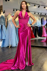 Magenta Halter Ruched Mermaid Long Prom Dress with Slit