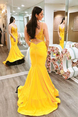 Marigold Mermaid V-Neck Straps Long Prom Dress with Appliques