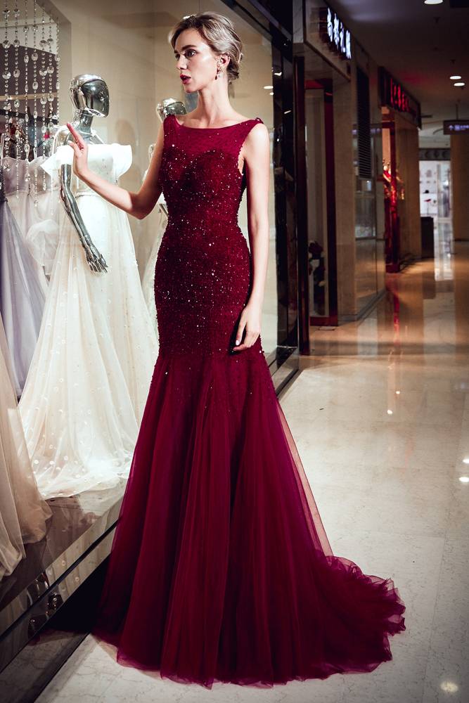 Mermaid Bateau Sequined Long Burgundy Prom Evening Dress