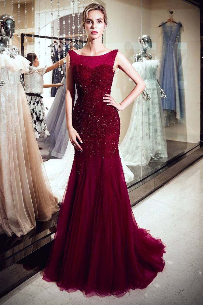 Mermaid Bateau Sequined Long Burgundy Prom Evening Dress