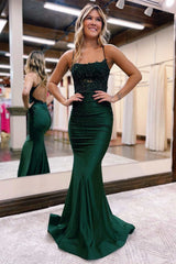 Mermaid Beaded Appliques Spaghetti Straps Crossed Back Long Prom Dress