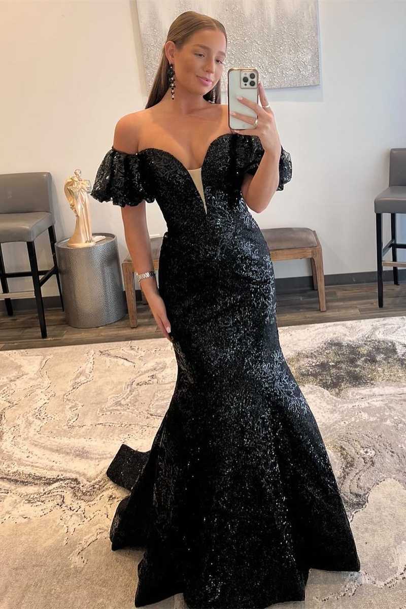 Mermaid Black Off the Shoulder Lace Long Party Dress