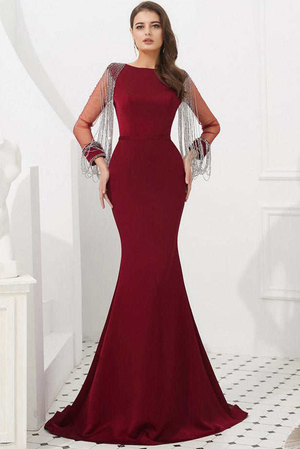 Mermaid Burgundy Long Sleeves Long Prom Dress with Tassel