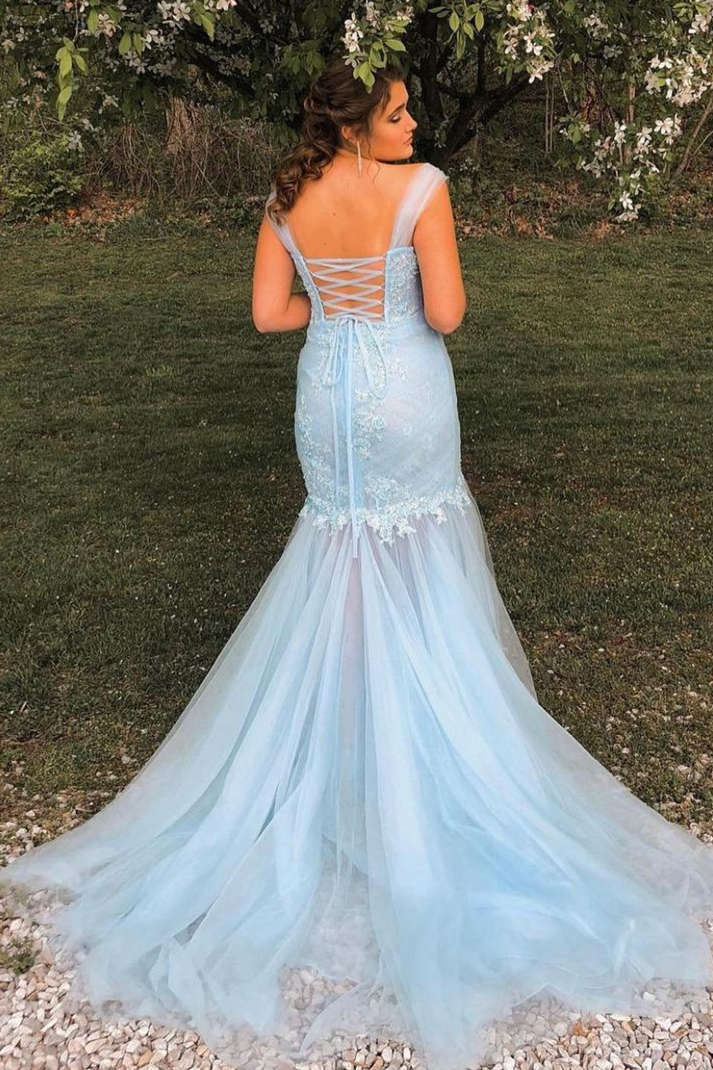 Mermaid Cap Sleeves Light Blue Prom Gown with Appliques