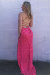 Mermaid Hot Pink Sequined Pom Dress with Slit