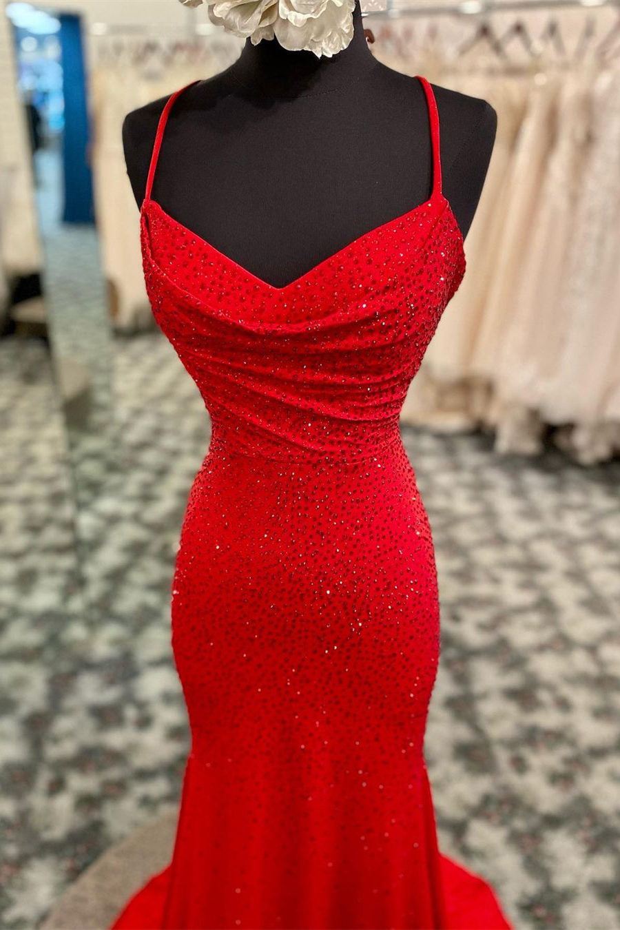 Mermaid Long Red Prom Dress with Rhinestones