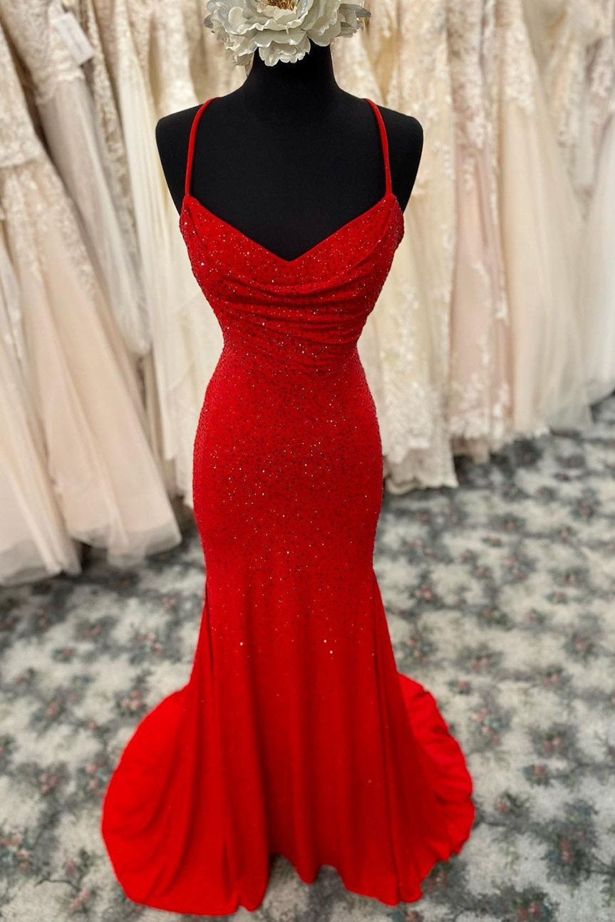 Mermaid Long Red Prom Dress with Rhinestones