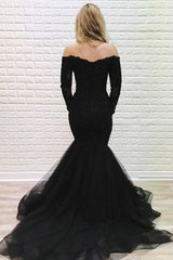 Mermaid Off Shoulder Long Sleeves Lace Black Prom Dress with Beading