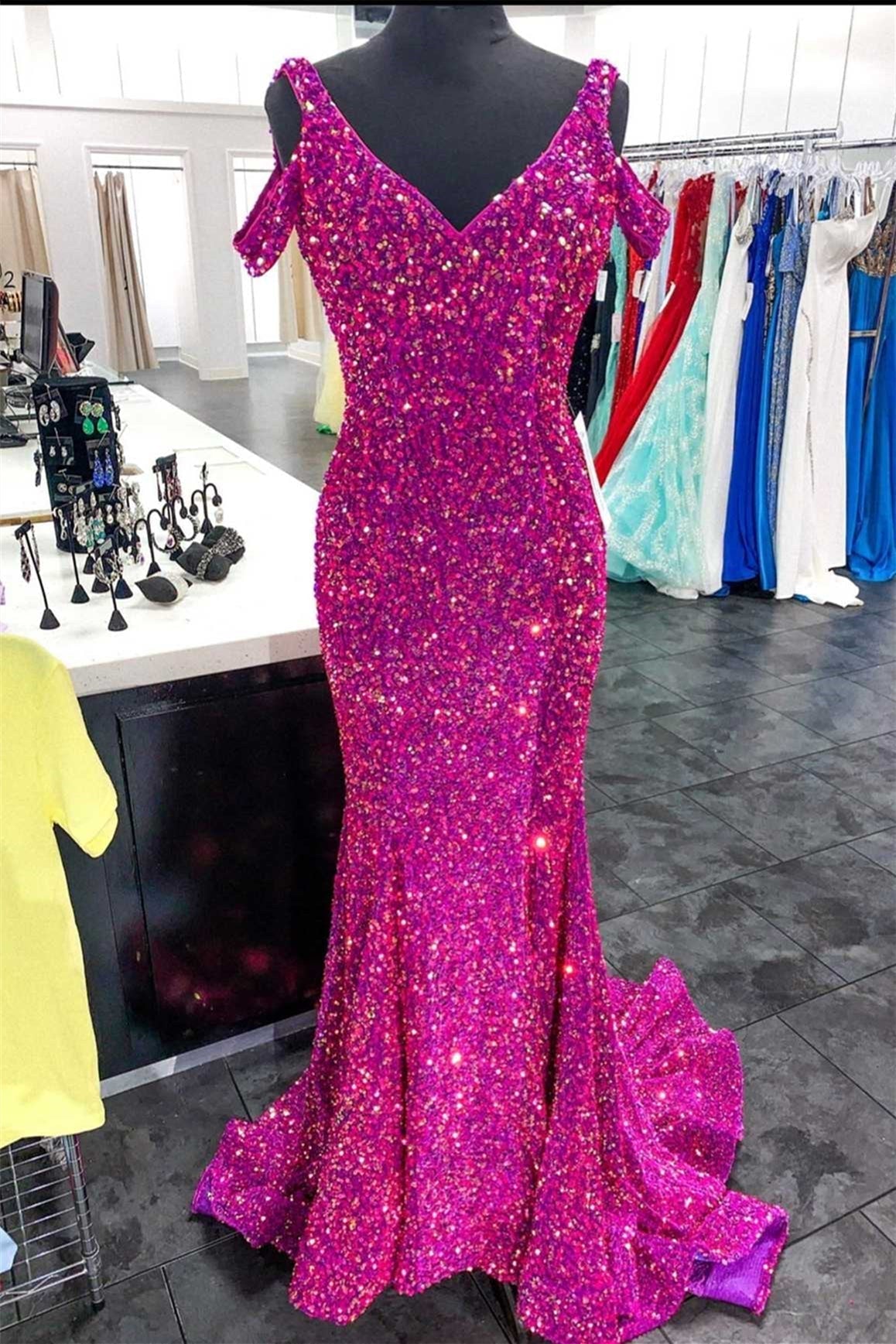 Mermaid Off-the-Shoulder Fuchsia Sequins Long Prom Dress