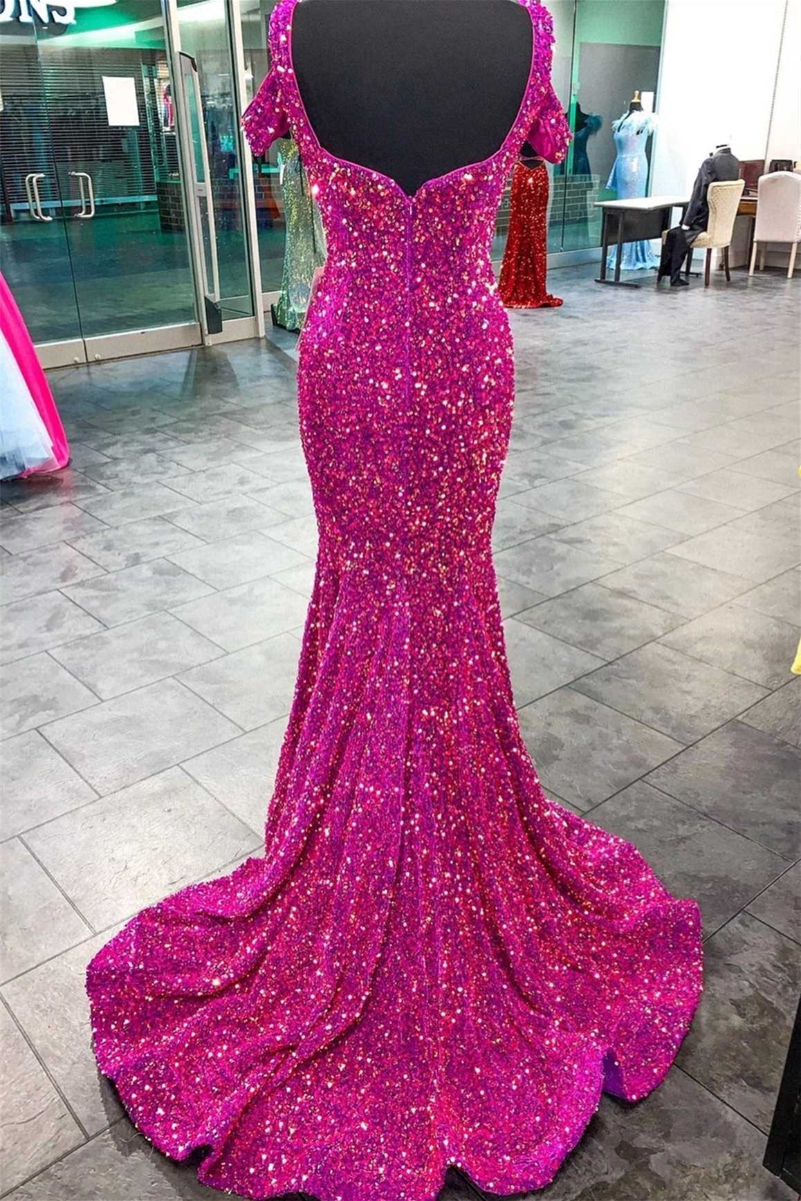 Mermaid Off-the-Shoulder Fuchsia Sequins Long Prom Dress