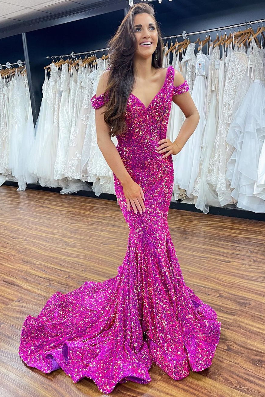 Mermaid Off-the-Shoulder Fuchsia Sequins Long Prom Dress