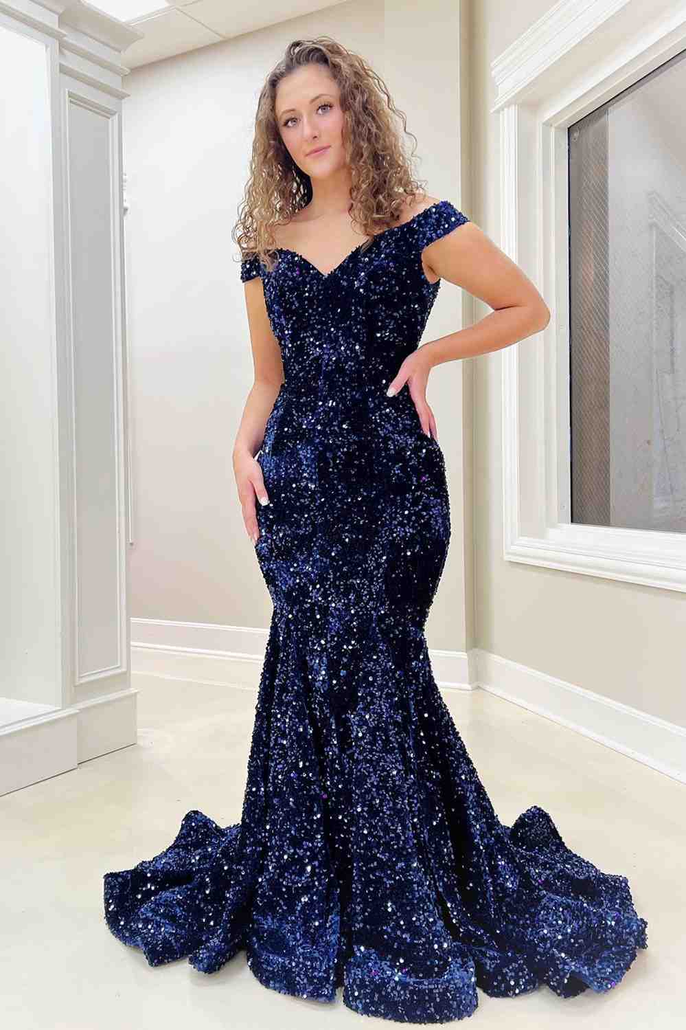 Mermaid Off-the-Shoulder Light Blue Sequins Long Prom Dress