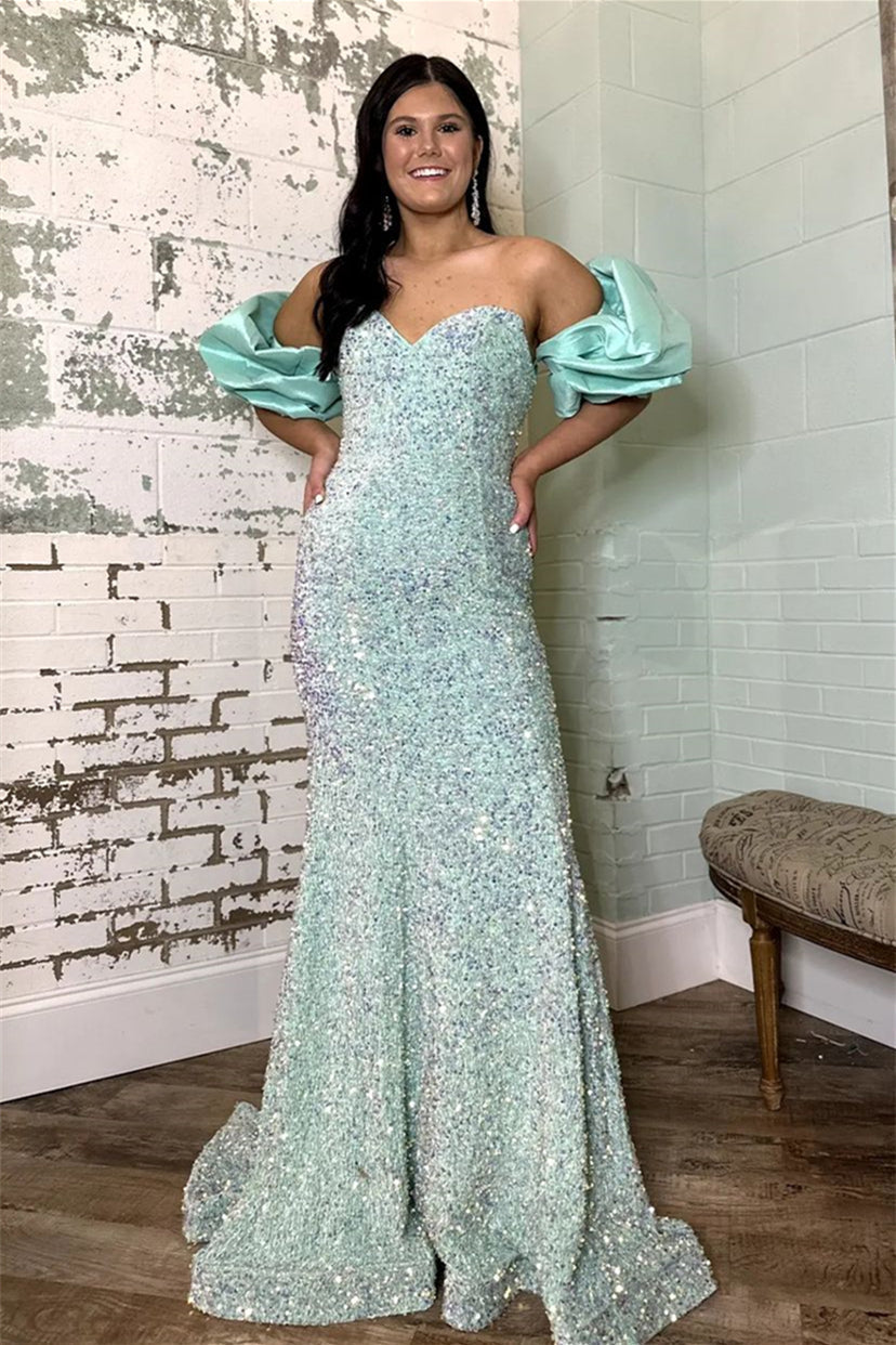 Mermaid Off-the-Shoulder Puff Sleeves Sequins Long Prom Dress