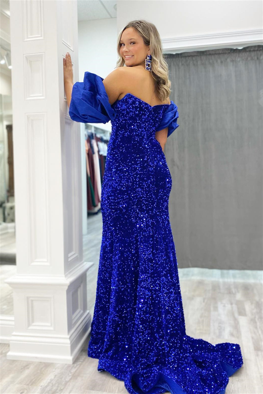 Mermaid Off-the-Shoulder Puff Sleeves Sequins Long Prom Dress