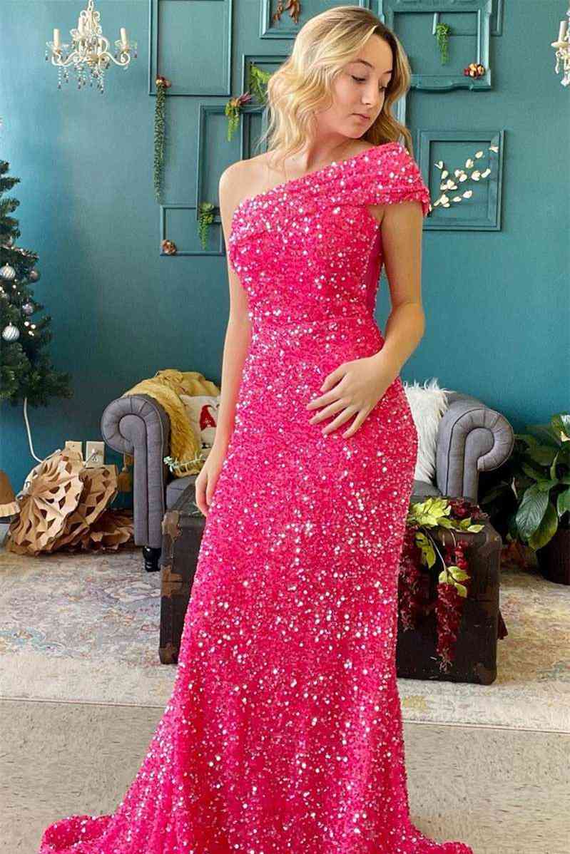 Mermaid One Shoulder Cap Sleeve Hot Pink Prom Dress