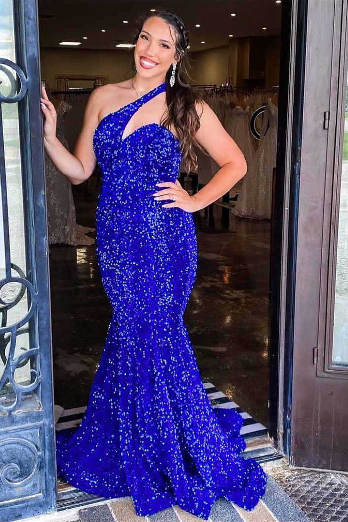 Mermaid One Shoulder Royal Blue Sequin Prom Dress