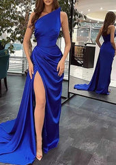 Mermaid One Shoulder Sleeveless Ruffle Slit Prom Dresses with Sweep Train-27dress