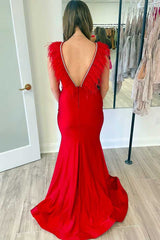 Mermaid Plunging V-Neck Red Feathers Long Prom Dress