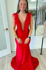 Mermaid Plunging V-Neck Red Feathers Long Prom Dress