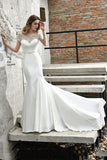 Mermaid Satin Lace Off the Shoulder Affordable Ivory Wedding Dress-27dress