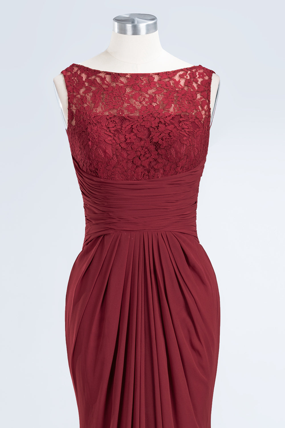 Mermaid Scoop Sleeveless Lace Burgundy Bridesmaid Dresses with Pleats-27dress