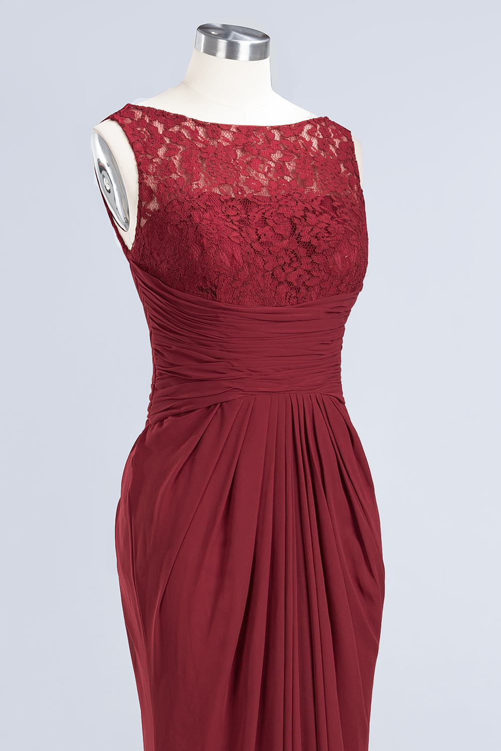 Mermaid Scoop Sleeveless Lace Burgundy Bridesmaid Dresses with Pleats-27dress