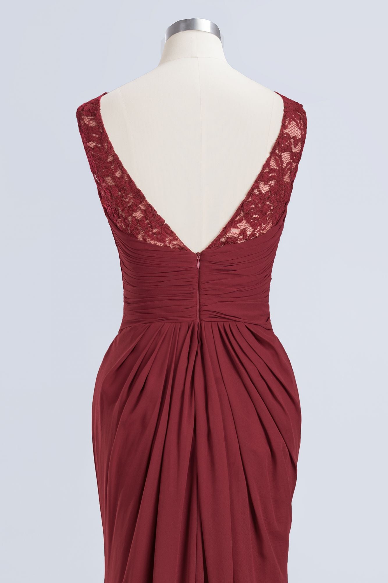 Mermaid Scoop Sleeveless Lace Burgundy Bridesmaid Dresses with Pleats-27dress