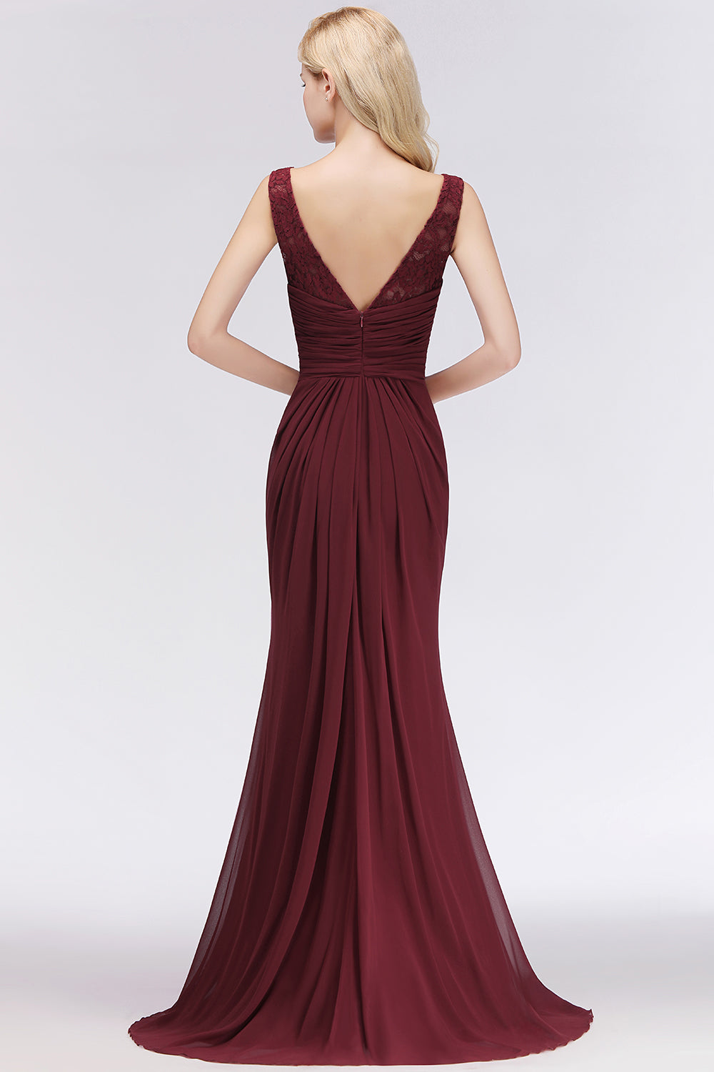 Mermaid Scoop Sleeveless Lace Burgundy Bridesmaid Dresses with Pleats-27dress