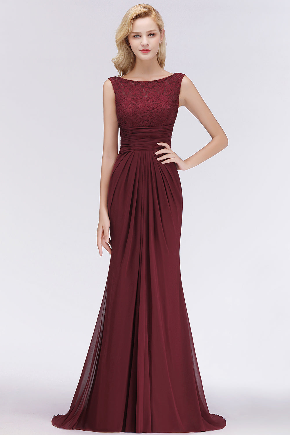 Mermaid Scoop Sleeveless Lace Burgundy Bridesmaid Dresses with Pleats-27dress