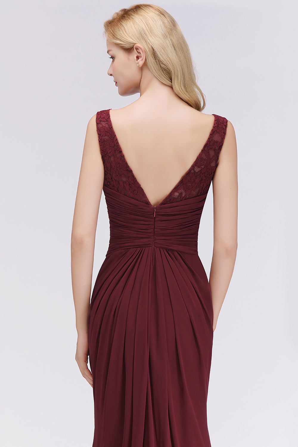 Mermaid Scoop Sleeveless Lace Burgundy Bridesmaid Dresses with Pleats-27dress