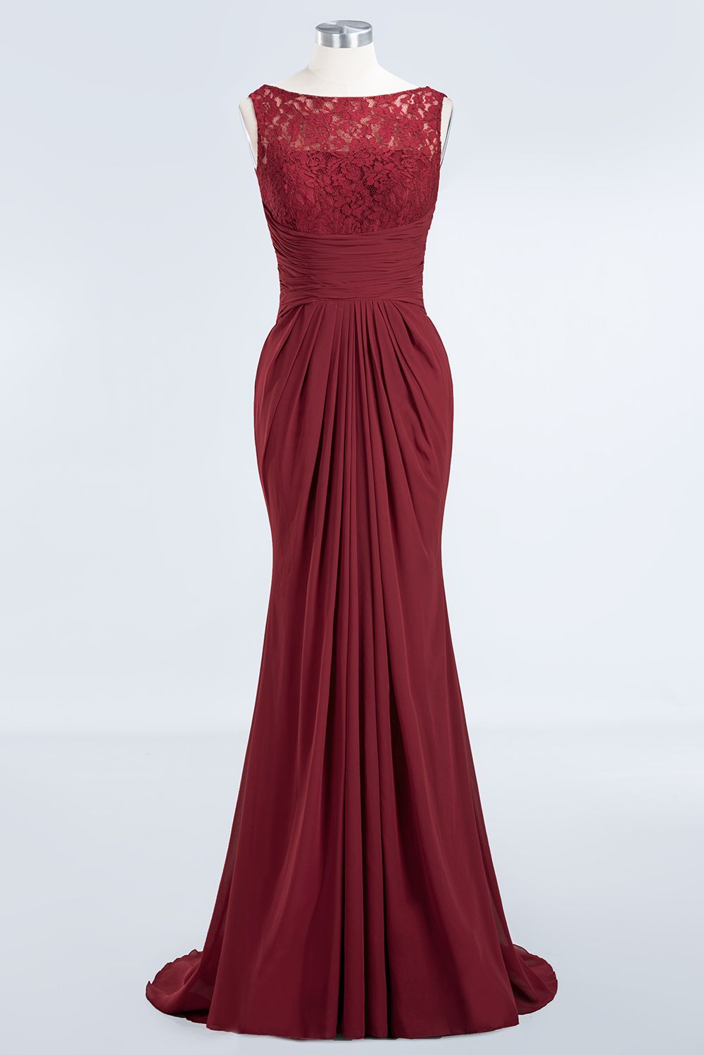 Mermaid Scoop Sleeveless Lace Burgundy Bridesmaid Dresses with Pleats-27dress