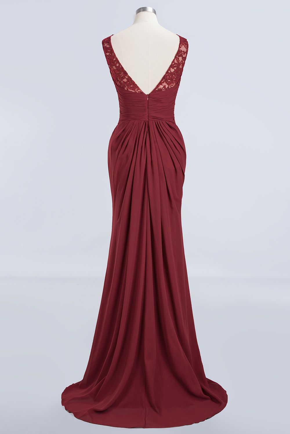 Mermaid Scoop Sleeveless Lace Burgundy Bridesmaid Dresses with Pleats-27dress