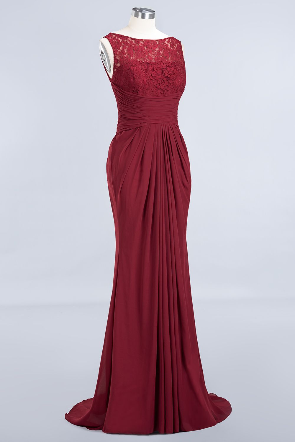 Mermaid Scoop Sleeveless Lace Burgundy Bridesmaid Dresses with Pleats-27dress